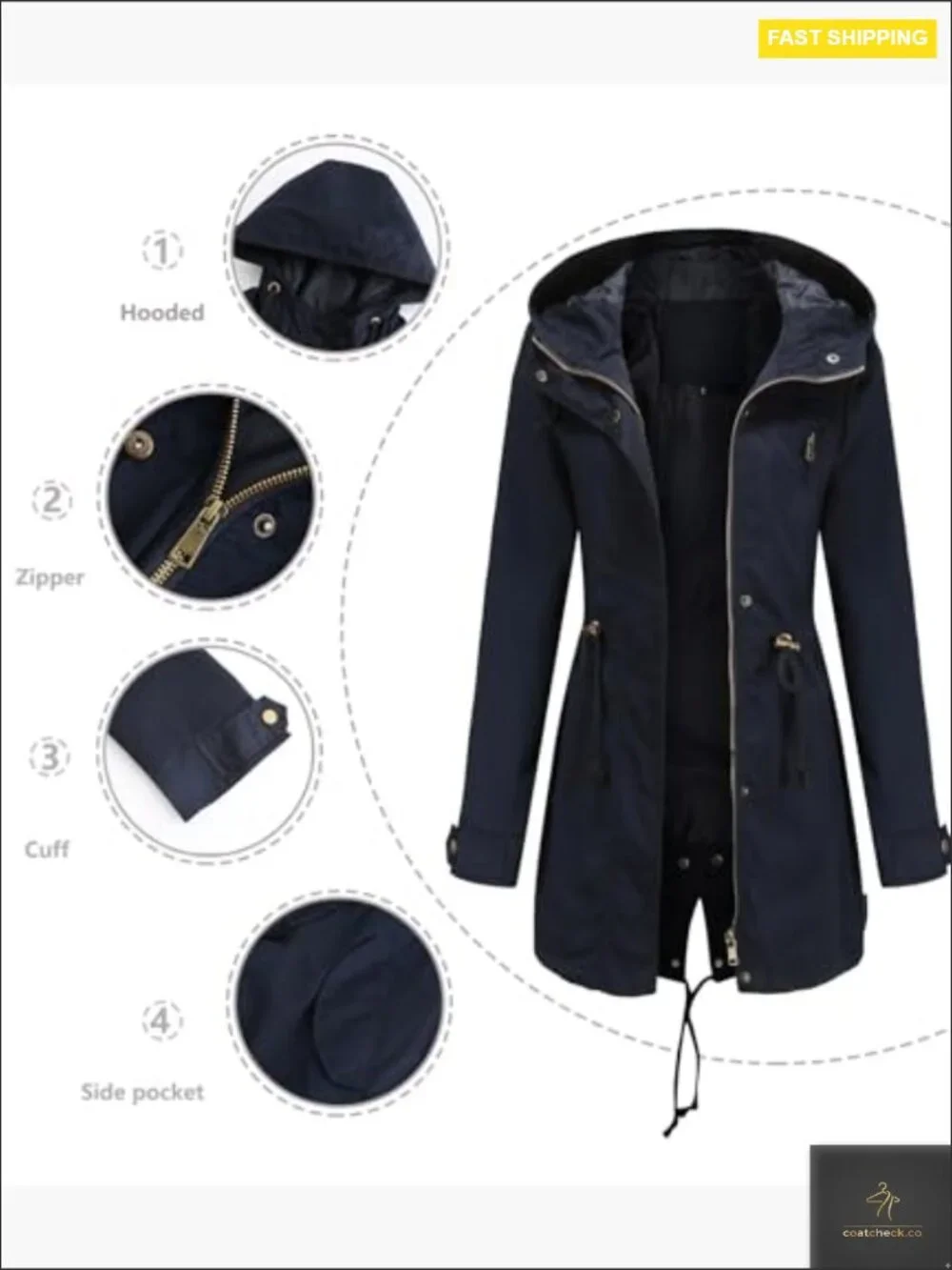 Lightweight Anorak Jacket Zip Up Utility Pockets Drawstring Waist Hooded Coat